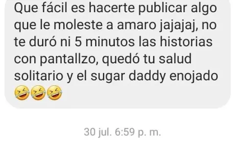 Los mensajes de acoso que recibió la ex pareja de Amaro Gómez-Pablos, Fernanda Valdivia, y que ella compartió en su Instagram.(4)