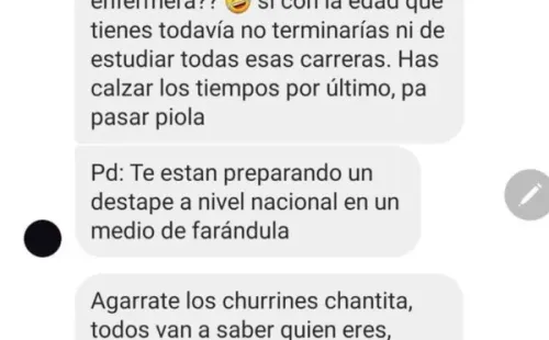 Los mensajes de acoso que recibió la ex pareja de Amaro Gómez-Pablos, Fernanda Valdivia, y que ella compartió en su Instagram.(6)