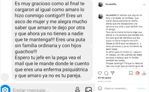 Los mensajes de acoso que recibió la ex pareja de Amaro Gómez-Pablos, Fernanda Valdivia, y que ella compartió en su Instagram.(8)