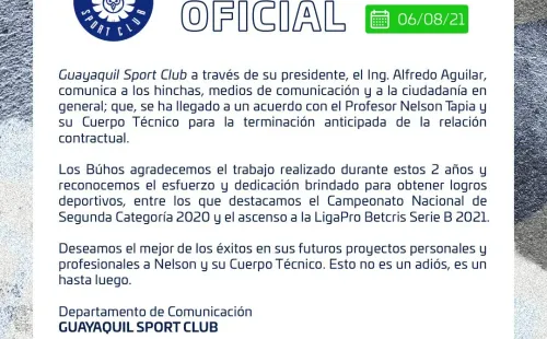 El comunicado de Guayaquil Sport Club anunciando la salida de Nelson Tapia.