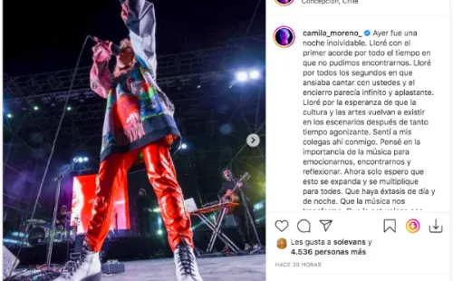 La publicación de Camila Moreno tras el primer show en vivo.(1)
