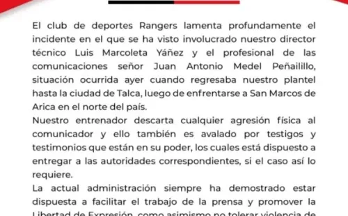 El comunicado de Rangers por la suspuesta agresión de Luis Marcoleta a un relator.