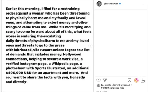 El mensaje de Joel Kinnaman dando cuenta de la solicitud de orden de restricción.
