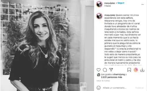 La publicación que la maquilladora Jacqueline Ureta hizo en su Instagram para acusar los malos tratos de Macarena Venegas.