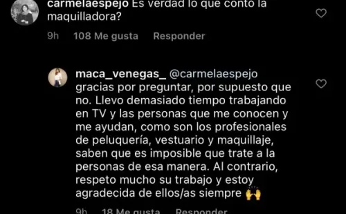 La respuesta de Macarena Venegas a la acusación de la maquilladora de TV+.