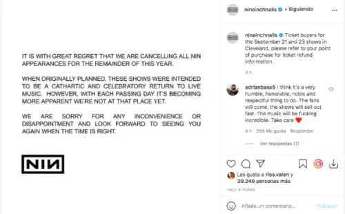 El comunicado de Nine Inch Nails cancelando su gira.