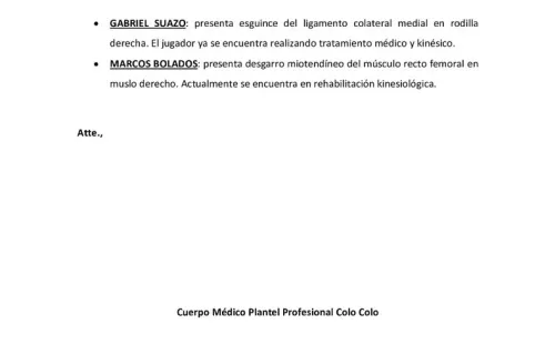 El parte médico que emitió Colo Colo.