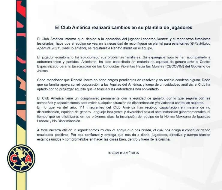 América explicó en un comunicado las razones para readmitir a Renato Ibarra