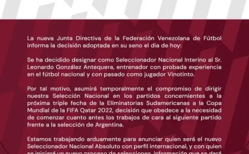 El comunicado de la Federación Venezolana de Fútbol.