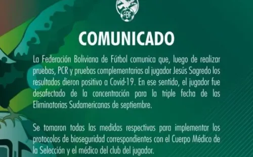 Comunicado de la FBF donde se da a conocer que Jesús Sagredo es positivo de Covid-19