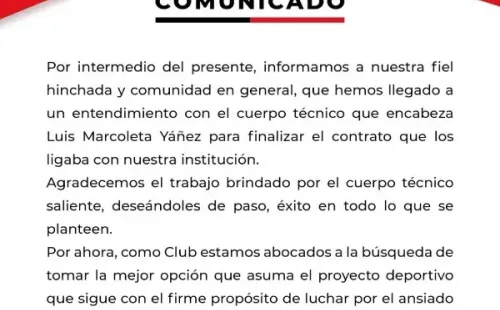 Rangers informó la salida del técnico Luis Marcoleta