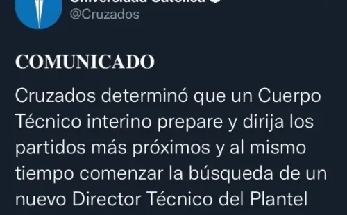 Cruzados emitió un comunicado anunciado el interninato.