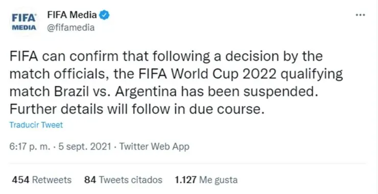 FIFA refrendó la suspensión del partido entre Brasil y Argentina