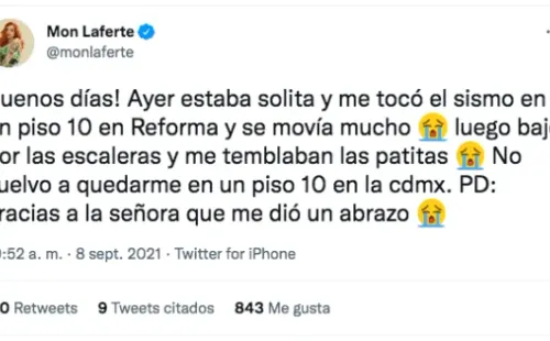 Temblor sorprende a Mon Laferte en un piso 10 de México.