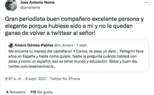 José Antonio Neme sale en defensa yle hizo un cariñito en Twitter a Amaro Gómez-Pablos.(2)