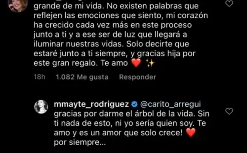 La dedicatoria de Carolina Arregui ante el embarazo de su hija Mayte Rodríguez, en Instagram.