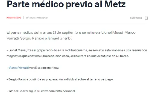 El parte médico del PSG ante el Metz.
