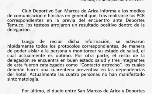 Este es el comunicado de prensa que compartió San Marcos de Arica en la previa de su duelo contra Deportes Temuco