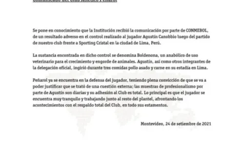 El comunicado enviado por Peñarol danto los antecedentes del resultado adverso de Agustín Canobbio