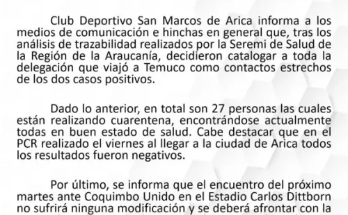 El comunicado compartido por las redes sociales de San Marcos de Arica por los contagios de su plantel, donde el martes recibirán a Coquimbo Unido con los juveniles.