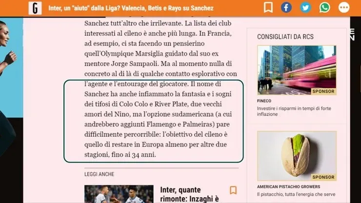 Gazzetta dello Sport dice que los colocolinos quieren a Alexis Sánchez