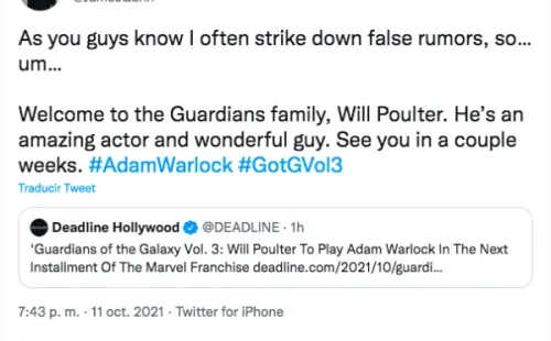 El tuit de James Gunn confirmando a Will Poulter como Adam Warlock para    Guardianes de la Galaxia Vol. 3.