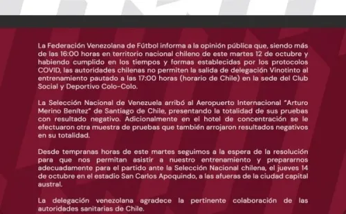 Venezuela reclama que no la han dejado entrenar en Chile.