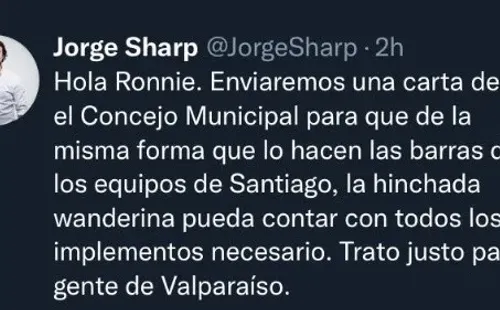 El alcalde, Jorge Sharp, asegura que hará la gestión solicitada por el jugador de Wanderers.