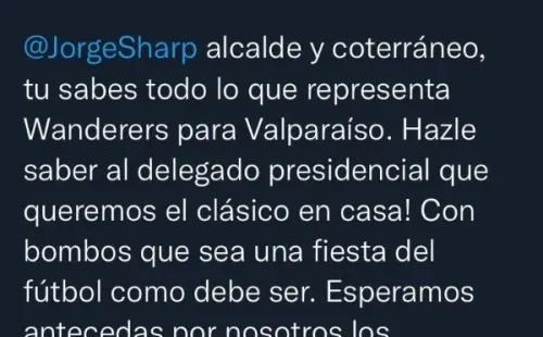 El mensaje que escribe el delantero de Santiago Wanderers al alcalde de Valparaíso