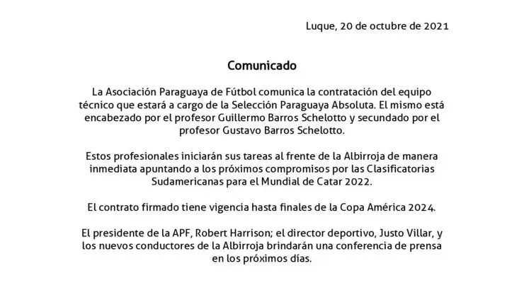Comunicado de la contratación de Guillermo Barros Schelotto como nuevo seleccionador paraguayo
