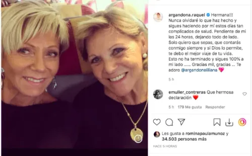 RaquelArgandoña dedica sentido mensaje a su hermana por apoyo durante crisis de salud.