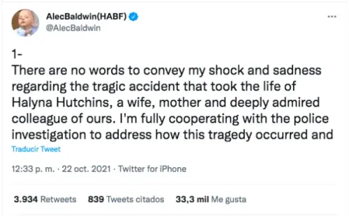 Alec Baldwin habla tras darle muerte a directora de fotografía.(1)