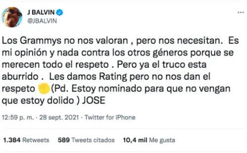 ¿Qué polémicas ha protagonizado J Balvin en 2021?: Los tuits con el llamado al boicot en contra de los Latin Grammy.(1)