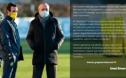El mensaje divulgado por Unai Emery en su Twitter.