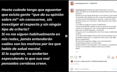 Karen Bejarano se defiende ante críticas por referirse a su salud mental.(1)