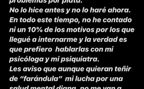 Karen Bejarano se defiende ante críticas por referirse a su salud mental.(4)