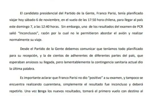 Comunicado oficial del Partido de la Gente.
