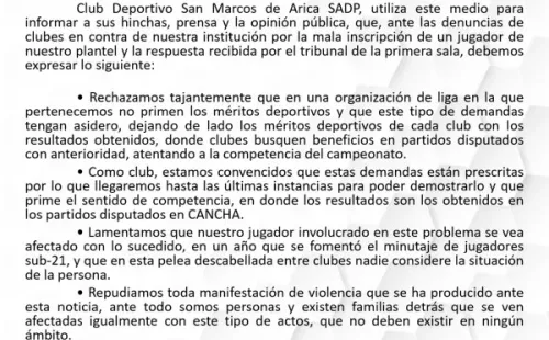 San Marcos de Arica entrega comunicado sobre el descenso de Primera B a Segunda División