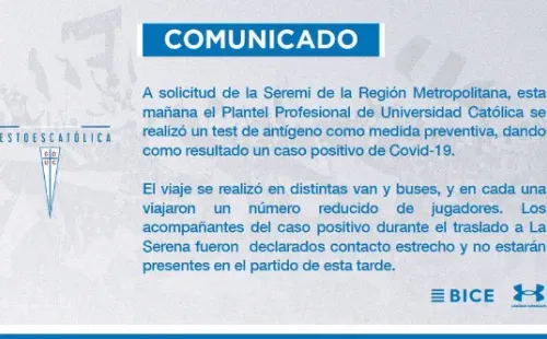 Comunicado oficial de la UC: otro positivo por coronavirus en la Cuarta Región.