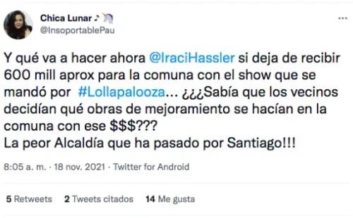 Alcaldesa de Santiago desmiente millonarias pérdidas por quiebre con Lollapalooza.