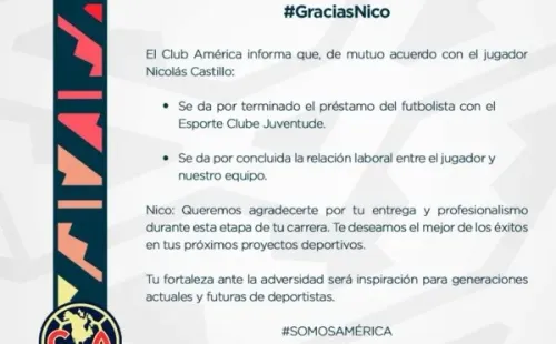 El comunicado del Club América sobre la salida de Nicolás Castillo.