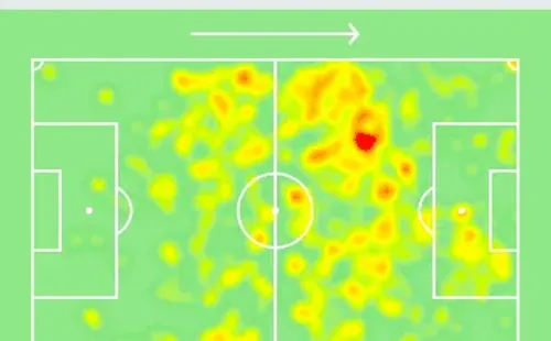 Las zonas por las que más se movió el segundo goleador histórico de la Roja en su temporada. (Foto: captura Sofascore)