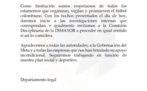 El comunicado de Llaneros iniciando una investigación interna.