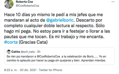Roberto Cox responde a burlas porque lo mandaron a cubrir el triunfo de Boric.
