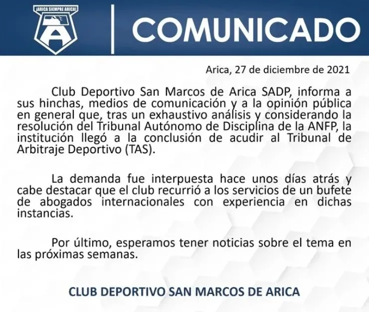 Comunicado San Marcos de Arica descenso tas primera B anfp