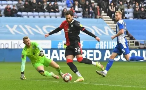 WIGAN, ENGLAND - JANUARY 08: Blackburn Rovers's Ben Brereton was adjudged to be off side when he scored his goal during the Emirates FA Cup Third Round match between Wigan Athletic and Blackburn Rovers at DW Stadium on January 8, 2022 in Wigan, England. (Photo by Dave Howarth - CameraSport via Getty Images)-Not Released (NR) EDITORIAL USE ONLY. No use with unauthorized audio, video, data, fixture lists, club/league logos or 'live' services. Online in-match use limited to 120 images, no video emulation. No use in betting, games or single club/league/player pub