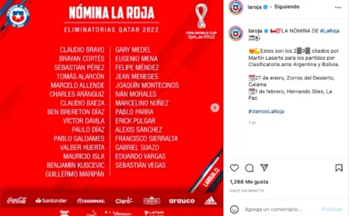 La Roja compartió a través de sus redes sociales la nómina de jugadores para la doble fecha de Eliminatorias y faltaron varios nombres. (Foto: Captura Instagram)