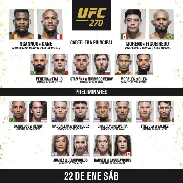 Cartelera UFC 270. (Foto: UFC)