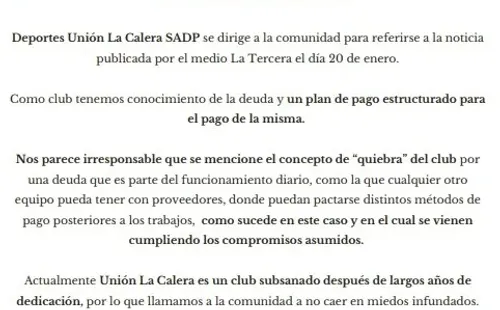 Comunicado: La Calera niega rotundamente la posibilidad de irse a la quiebra.