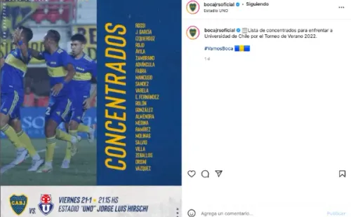 Boca Juniors anunció a través de sus redes sociales la lista de convocados al partido ante Universidad de Chile. (Foto: Captura Instagram)